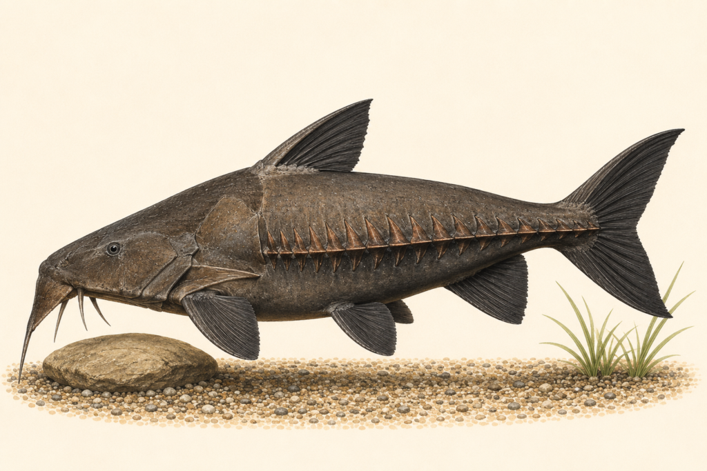 Natural-history-style illustration of the Niger Ripsaw Catfish (Oxydoras niger).