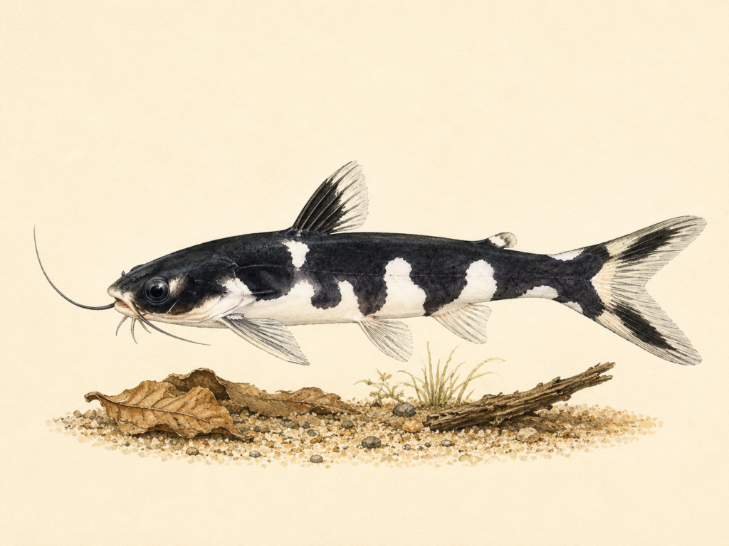 Natural-history-style illustration of the Ninja Woodcat (Tatia musaica).