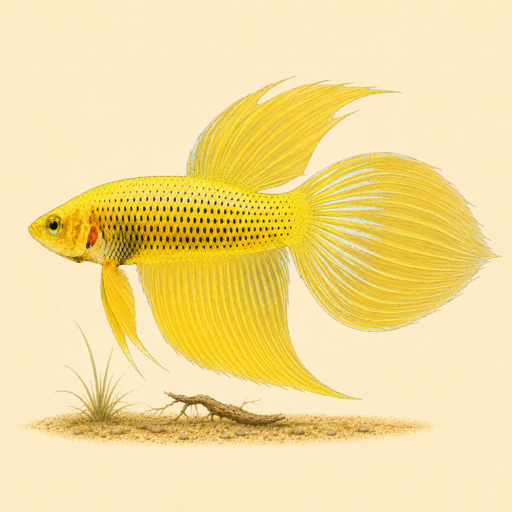 Natural-history-style illustration of the Spadetail Betta (Betta splendens var. Spadetail).