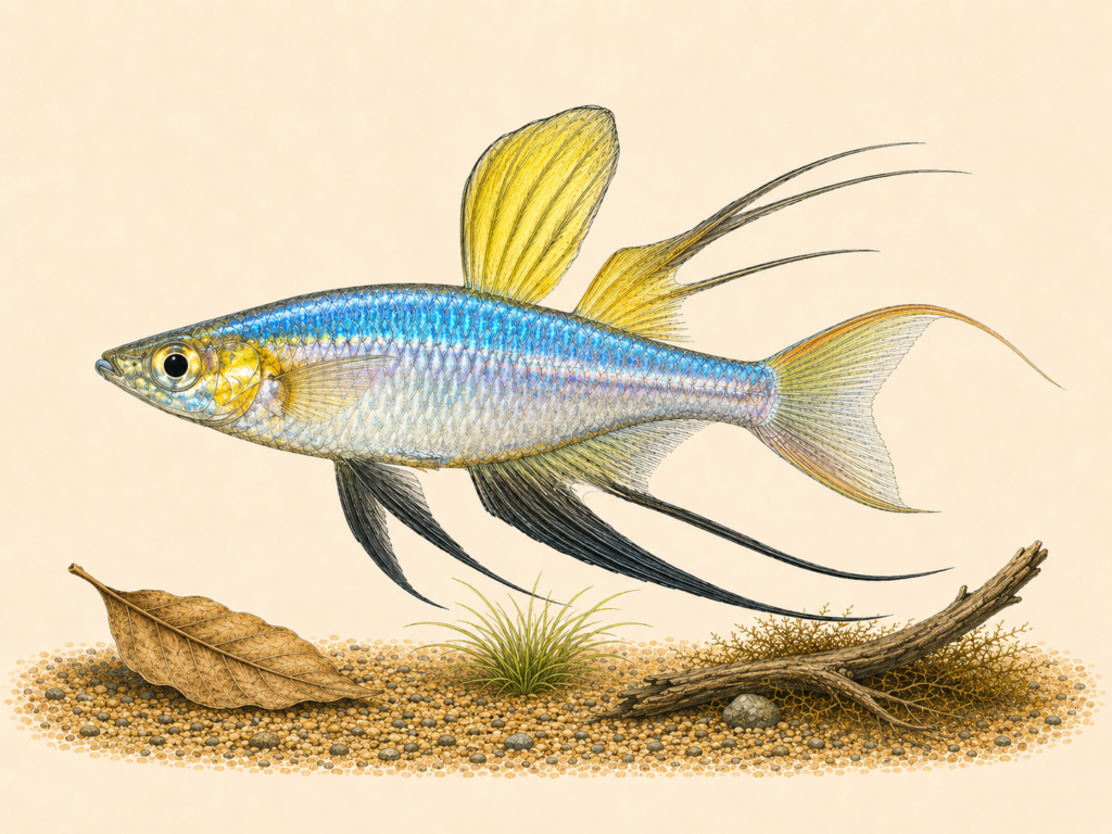 Natural-history-style illustration of the Threadfin Rainbowfish (Iriatherina werneri).