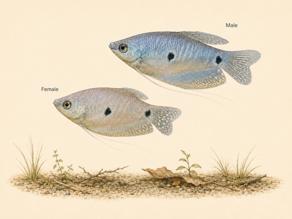 Natural-history-style illustration of the Three Spot Gourami (Trichopodus trichopterus).