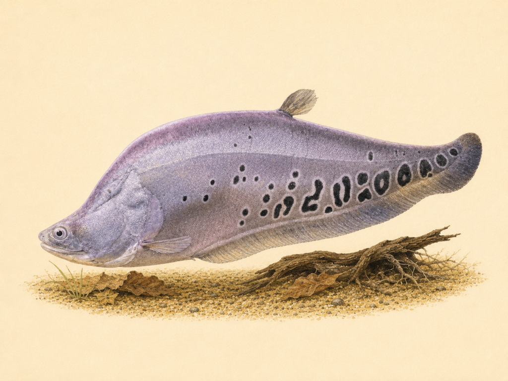 Natural-history-style illustration of the Clown Knife Fish (Chitala ornata).