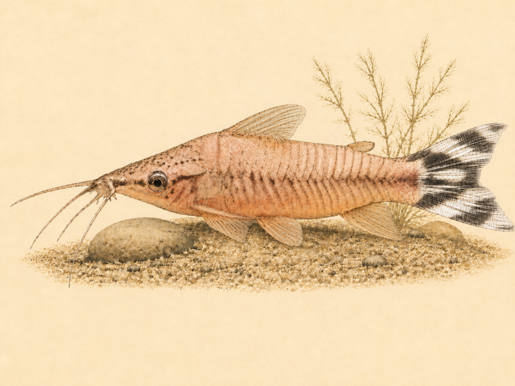 Natural-history-style illustration of the Flagtail Porthole Catfish (Dianema urostriatum).