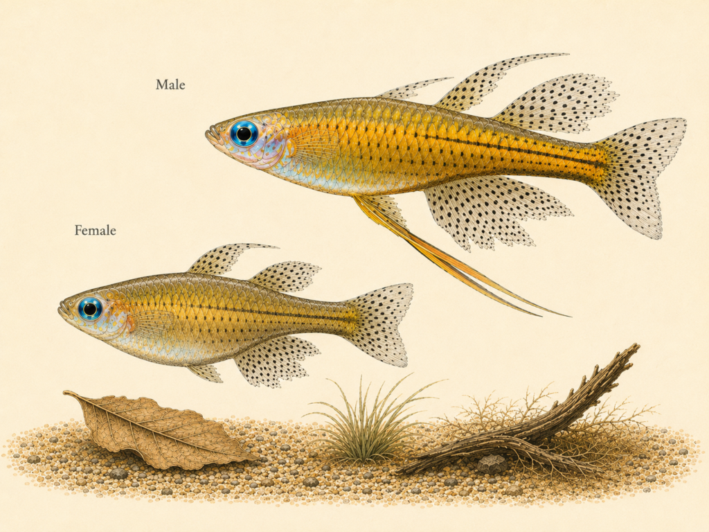 Natural-history-style illustration of the Gertrudae Spotted Blue-eye (Pseudomugil gertrudae).