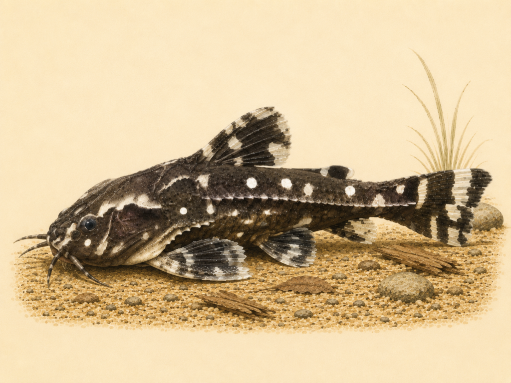 Natural-history-style illustration of the Spotted Raphael Catfish (Agamyxis pectinifrons).