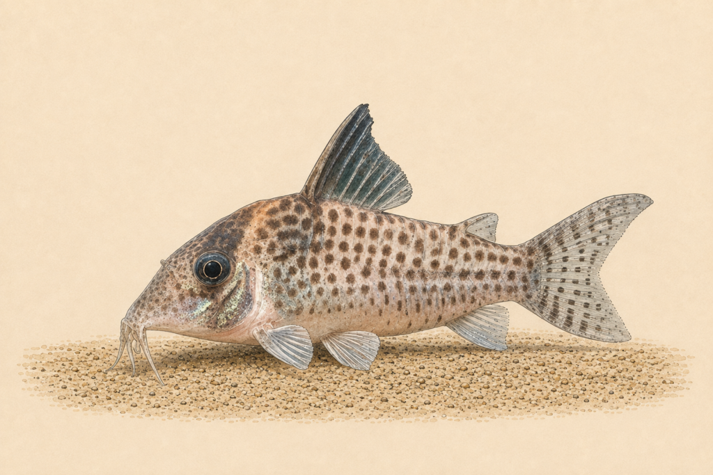 Natural-history-style illustration of the Agassiz's Corydoras (Brochis agassizii).