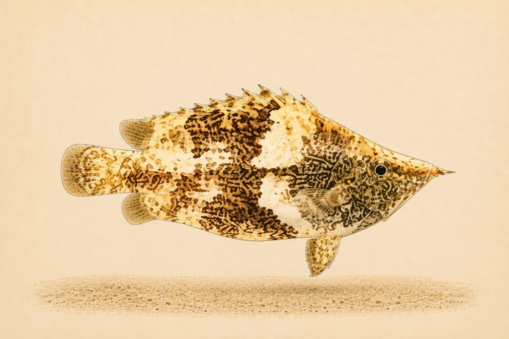 Natural-history-style illustration of the Amazon Leaffish (Monocirrhus polyacanthus).