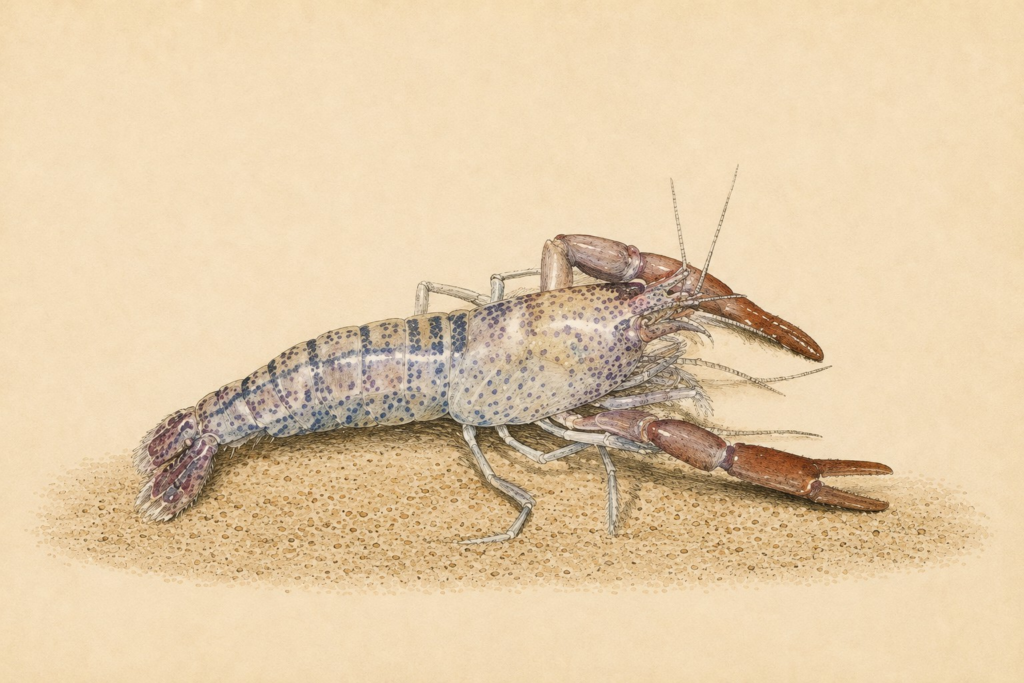 Natural-history-style illustration of the Amazon Zebra Shrimp (Euryrhynchus amazoniensis).