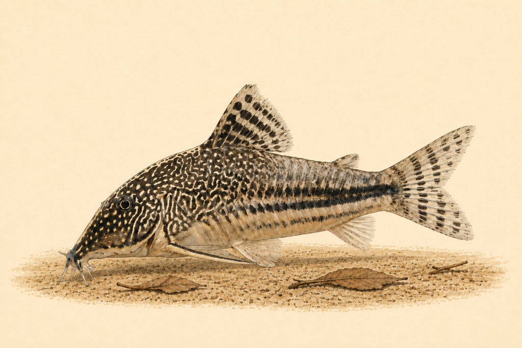 Natural-history-style illustration of the Banded Corydoras (Scleromystax barbatus).