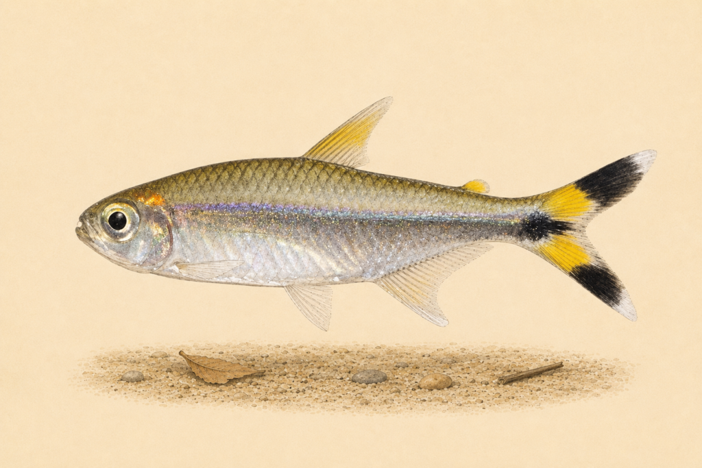 Natural-history-style illustration of the Bandtail Tetra (Moenkhausia dichroura).