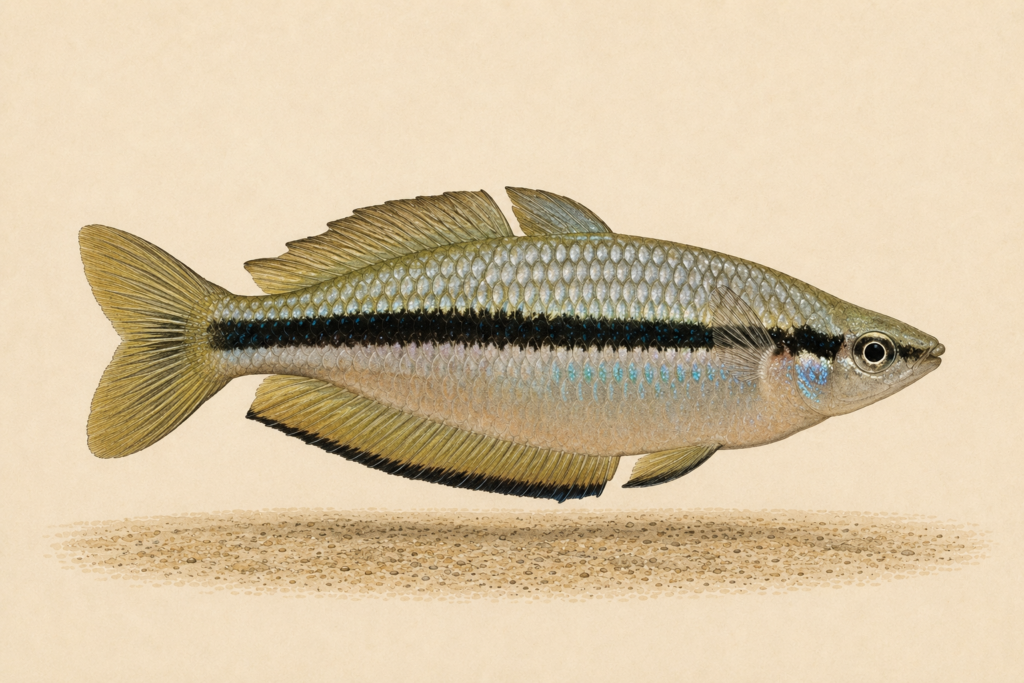 Natural-history-style illustration of the Black Banded Rainbowfish (Melanotaenia nigrans).
