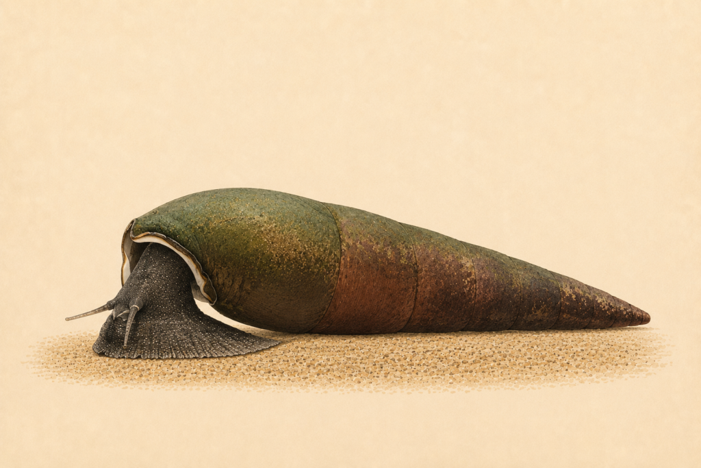 Natural-history-style illustration of the Black Devil Snail (Faunus ater).