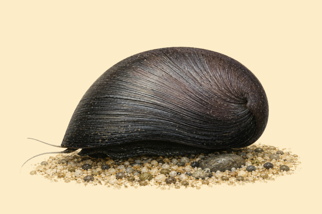 Natural-history-style illustration of the Black Military Helmet Snail (Neritina pulligera).