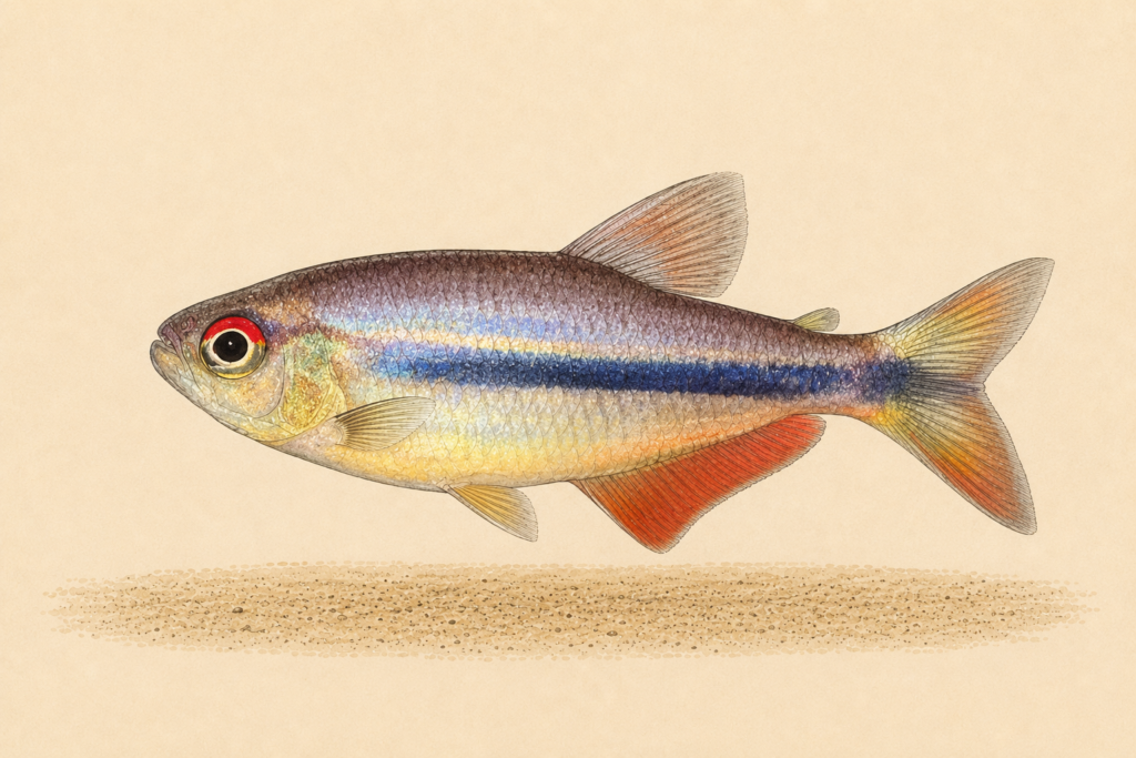 Natural-history-style illustration of the Black-belt Tetra (Hemigrammus kuroobi).