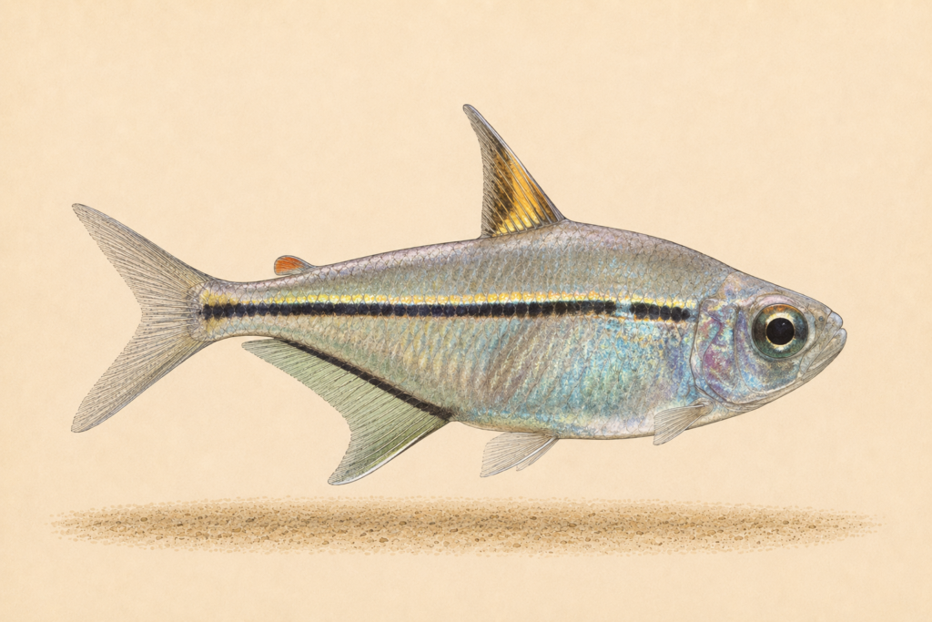 Natural-history-style illustration of the Broken-Line Tetra (Hemigrammus ulreyi).