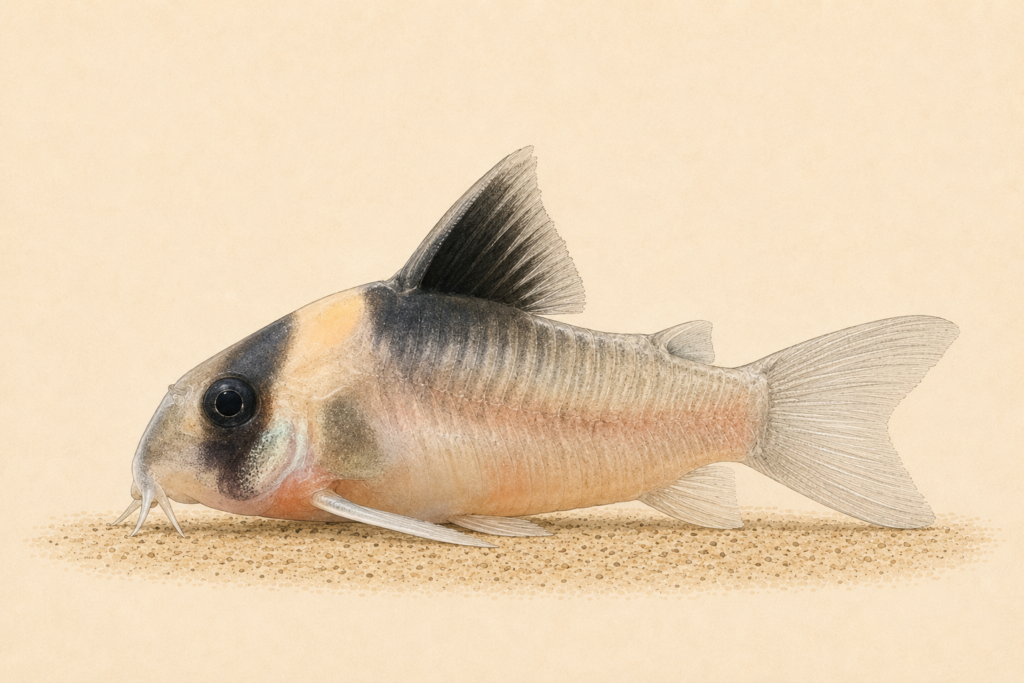 Natural-history-style illustration of the Burgess Corydoras (Hoplisoma burgessi).