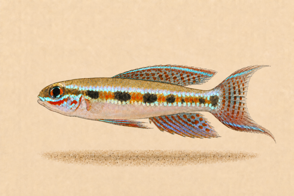 Natural-history-style illustration of the Checkerboard Dwarf Cichlid (Dicrossus filamentosus).