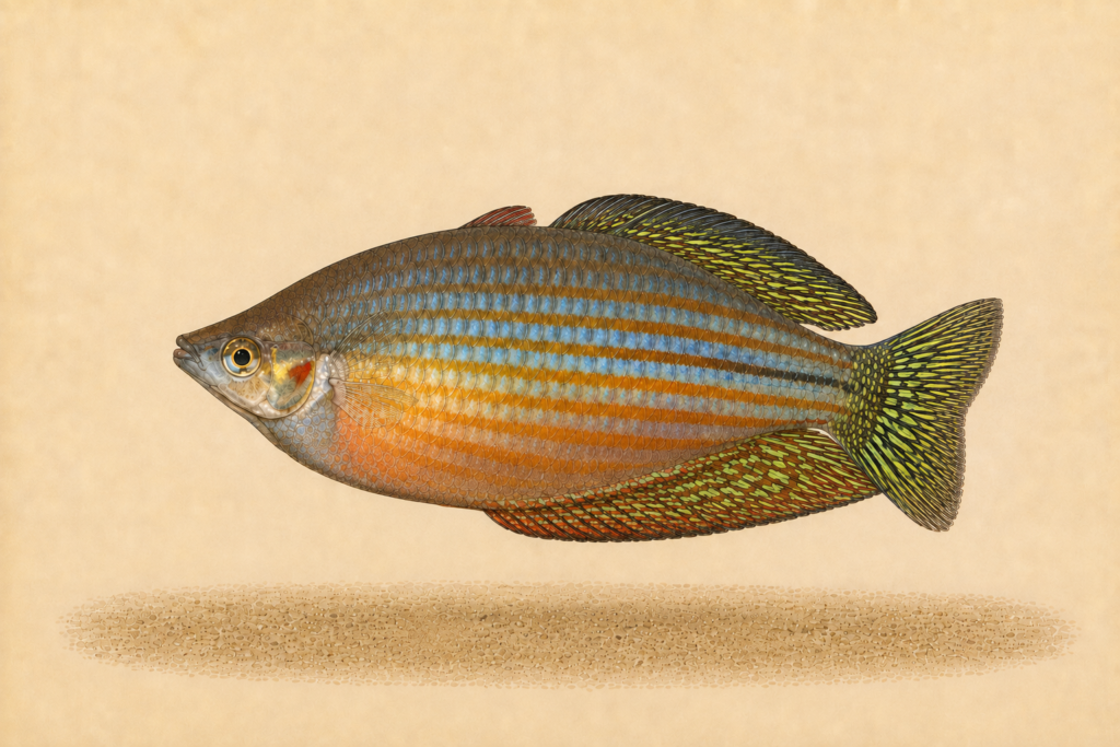 Natural-history-style illustration of the Checkered Rainbowfish (Melanotaenia splendida inornata).