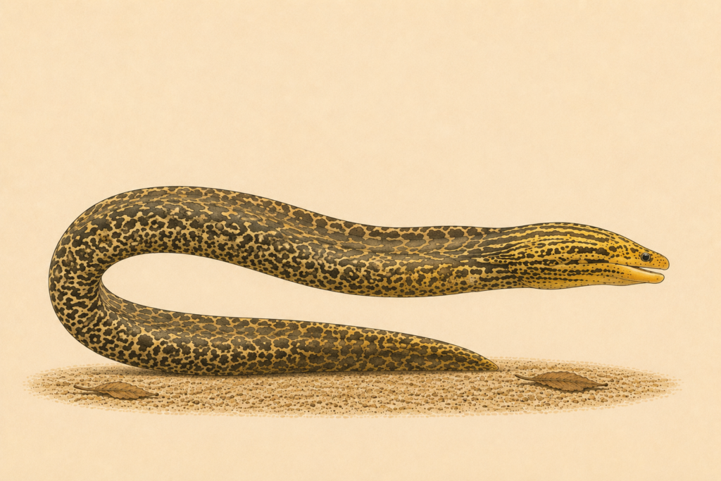 Natural-history-style illustration of the Freshwater Moray Eel (Gymnothorax polyuranodon).