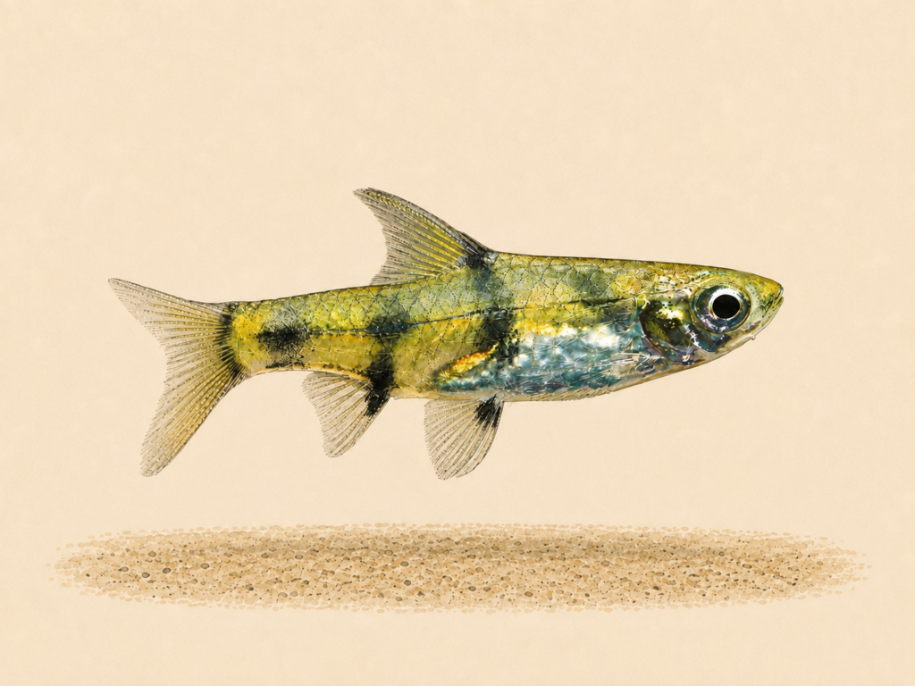 Natural-history-style illustration of the Golden Dwarf Barb (Pethia gelius).