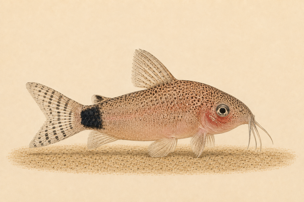 Natural-history-style illustration of the Guapore Corydoras (Gastrodermus guapore (Knaack, 1961)).