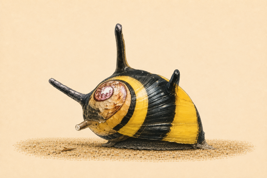 Natural-history-style illustration of the Horned Nerite Snail (Clithon corona).