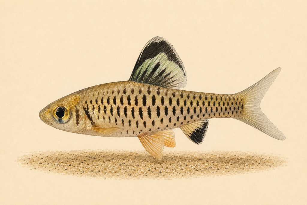 Natural-history-style illustration of the Indian Hifin Barb (Oreichthys cosuatis).