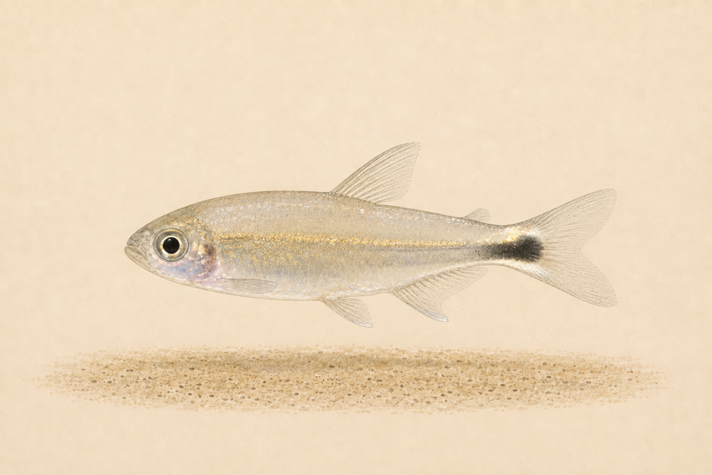 Natural-history-style illustration of the January Tetra (Hemigrammus hyanuary).