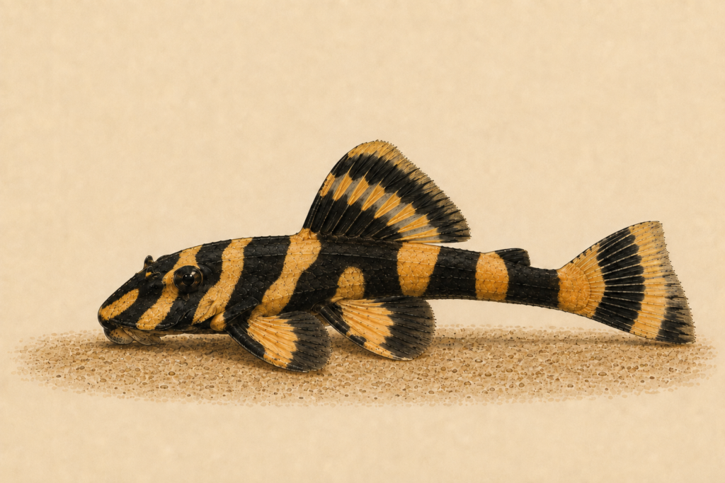 Natural-history-style illustration of the L168 Butterfly Pleco (Dekeyseria brachyura).