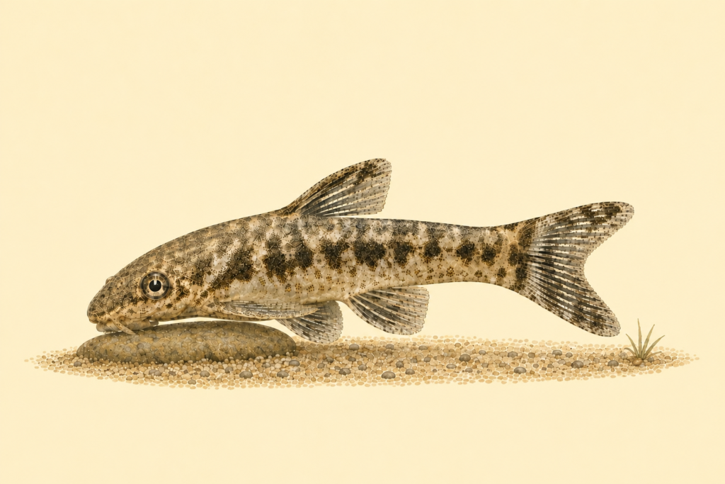 Natural-history-style illustration of the Mimicry Otocinclus (Otocinclus mimulus).