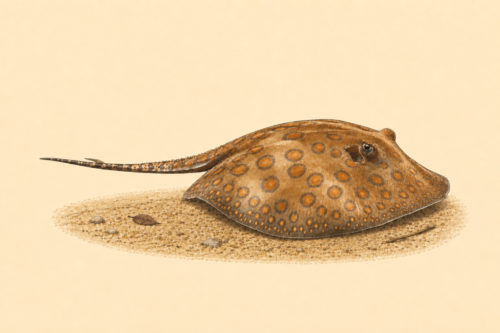 Natural-history-style illustration of the Motoro Stingray (Potamotrygon motoro).