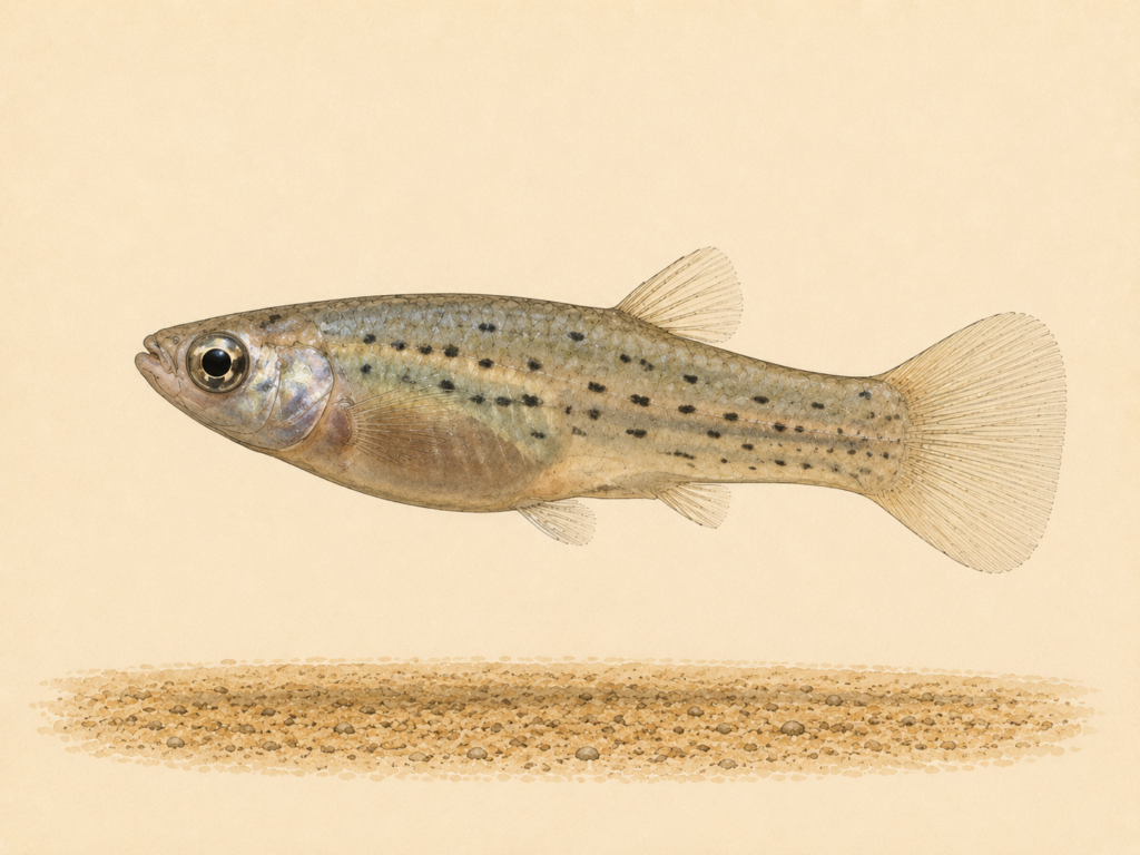 Natural-history-style illustration of the Onesided Livebearer (Jenynsia lineata).
