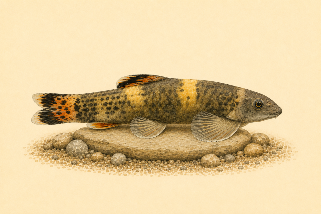 Natural-history-style illustration of the Panda Garra (Garra flavatra).