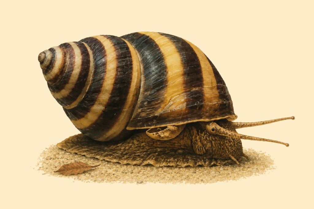 Natural-history-style illustration of the Piano Snail (Taia naticoides).