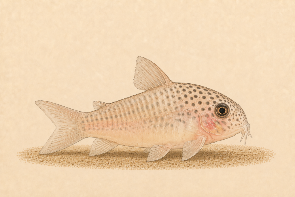 Natural-history-style illustration of the Polystictus Cory (Hoplisoma polystictum).