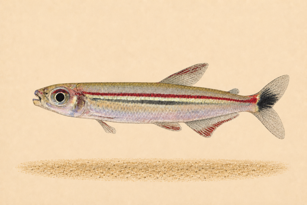 Natural-history-style illustration of the Red-Line Lizard Tetra (Iguanodectes geisleri).