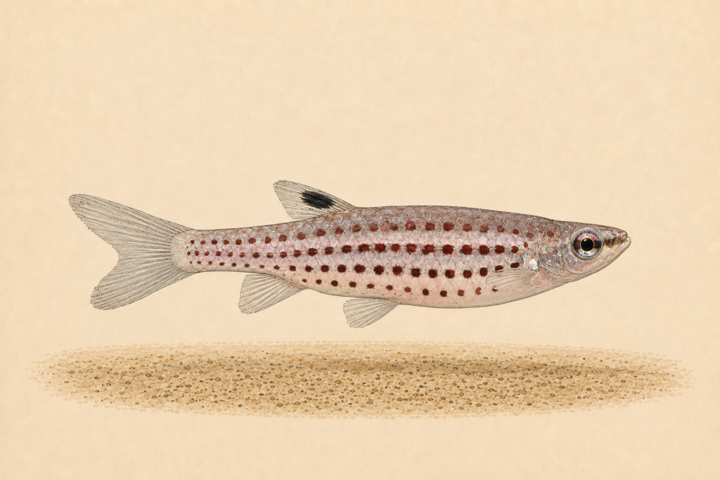Natural-history-style illustration of the Red Spotted Splash Tetra (Copella meinkeni).