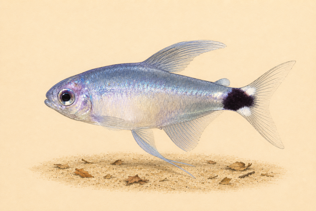 Natural-history-style illustration of the Reed Tetra (Hyphessobrycon elachys).