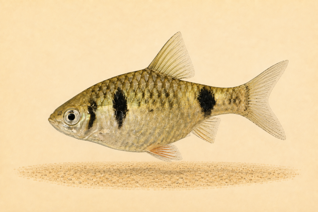 Natural-history-style illustration of the Spottedsail Dwarf Barb (Pethia phutunio).