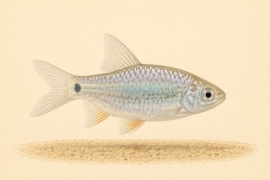 Natural-history-style illustration of the Swamp Barb (Puntius chola).