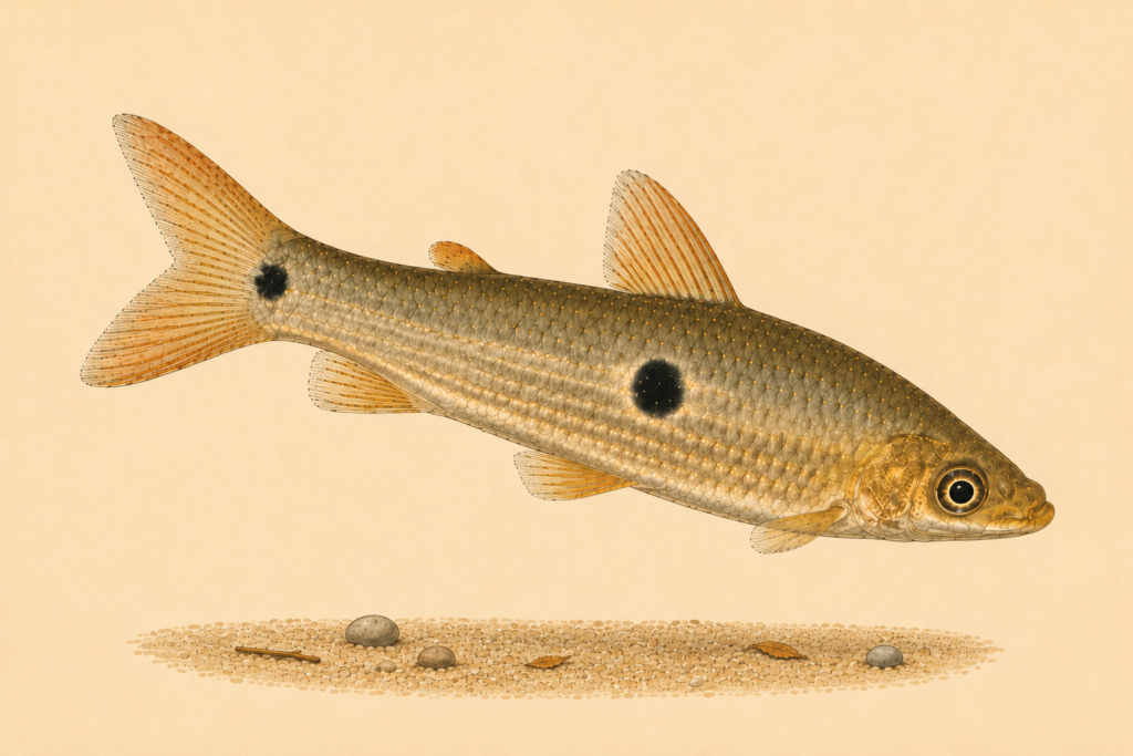 Natural-history-style illustration of the Three-spot Headstander (Pseudanos trimaculatus).