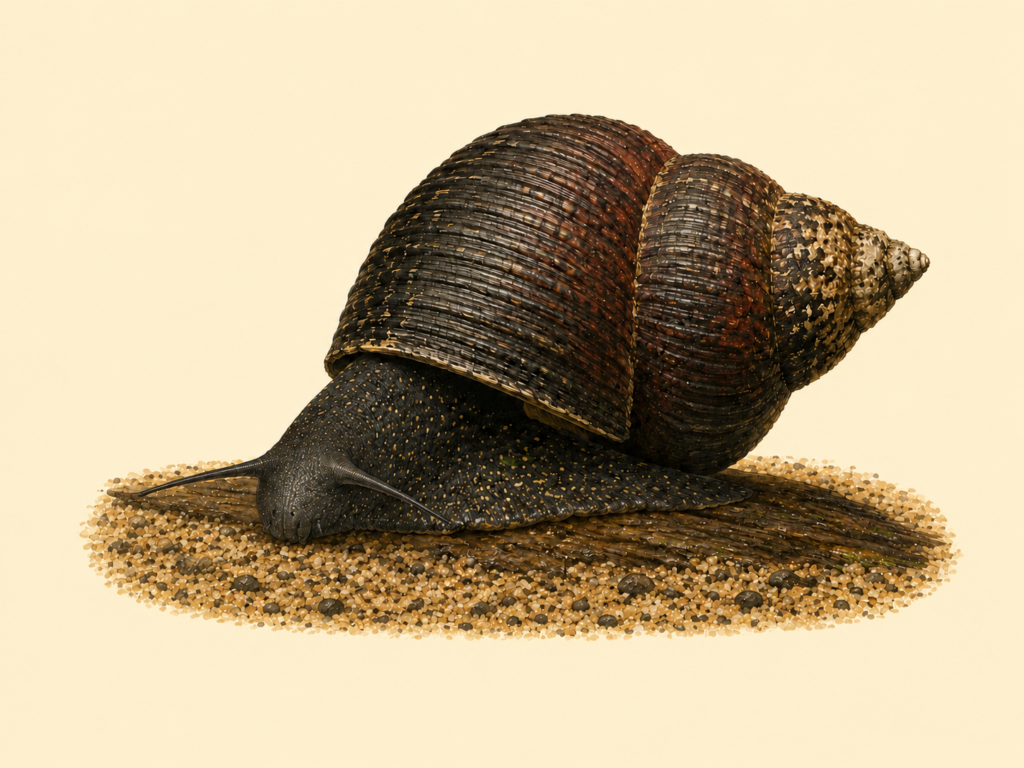 Natural-history-style illustration of the Triangle Rabbit Snail (Tylomelania sinobartfeldi).
