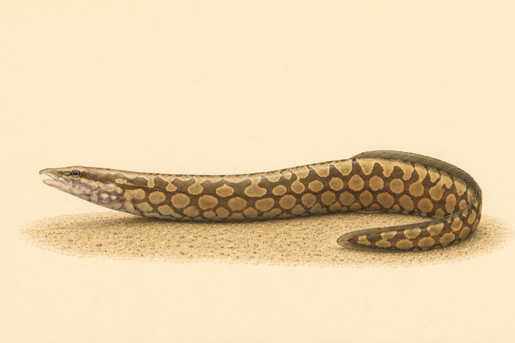 Natural-history-style illustration of the Zig-zag Eel (Mastacembelus armatus).