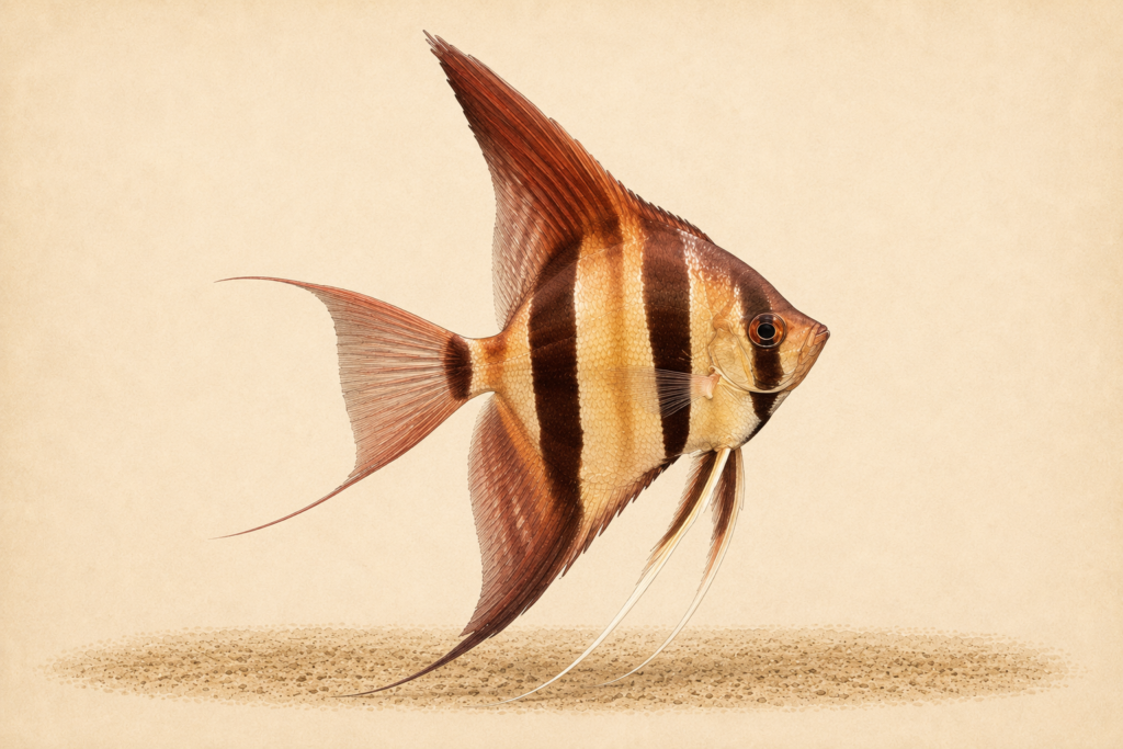 Natural-history-style illustration of the Altum Angelfish (Pterophyllum altum).
