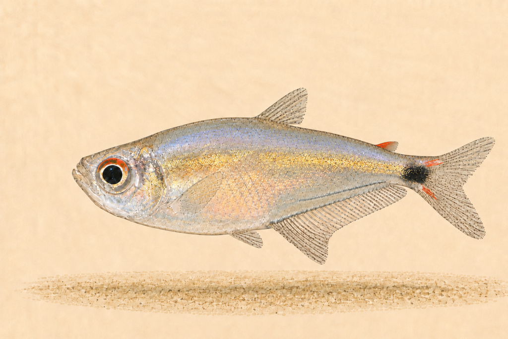 Natural-history-style illustration of the Arowana Tetra (Gnathocharax steindachneri).