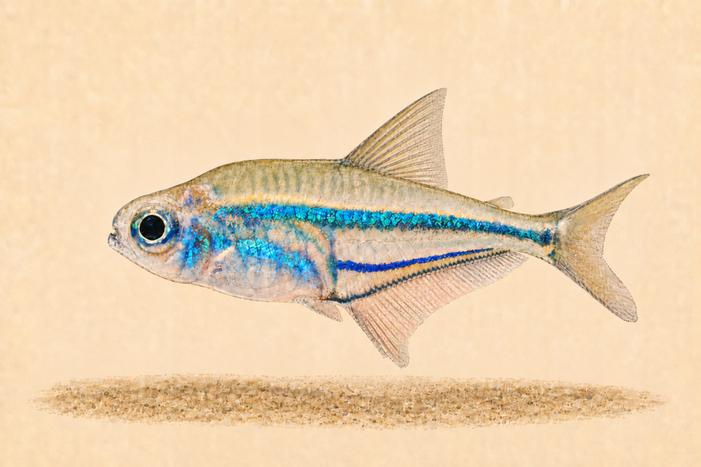 Natural-history-style illustration of the Blue Flash Glass Tetra (Heterocharax virgulatus).
