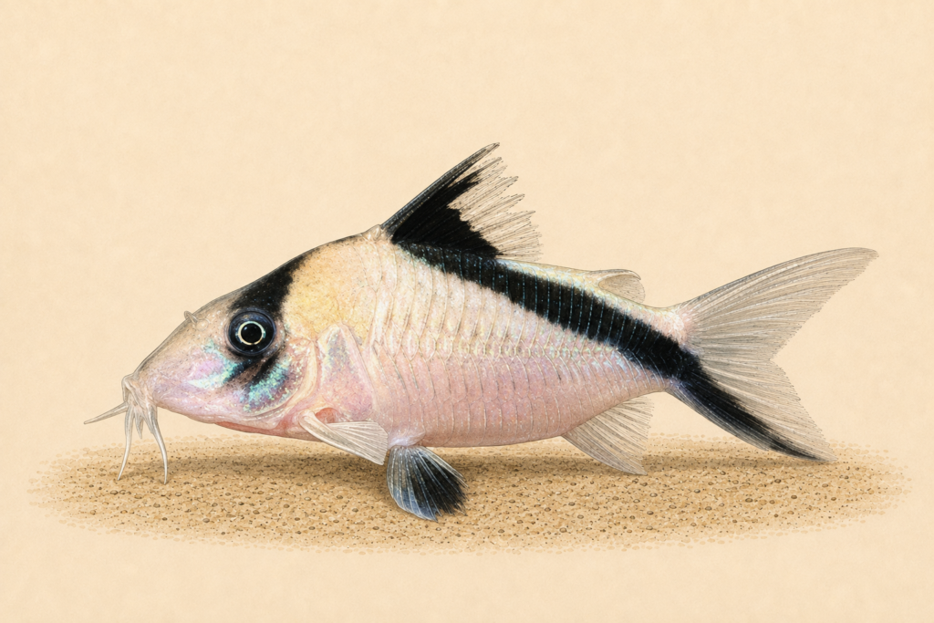 Natural-history-style illustration of the False Bandit Corydoras (Hoplisoma melini).