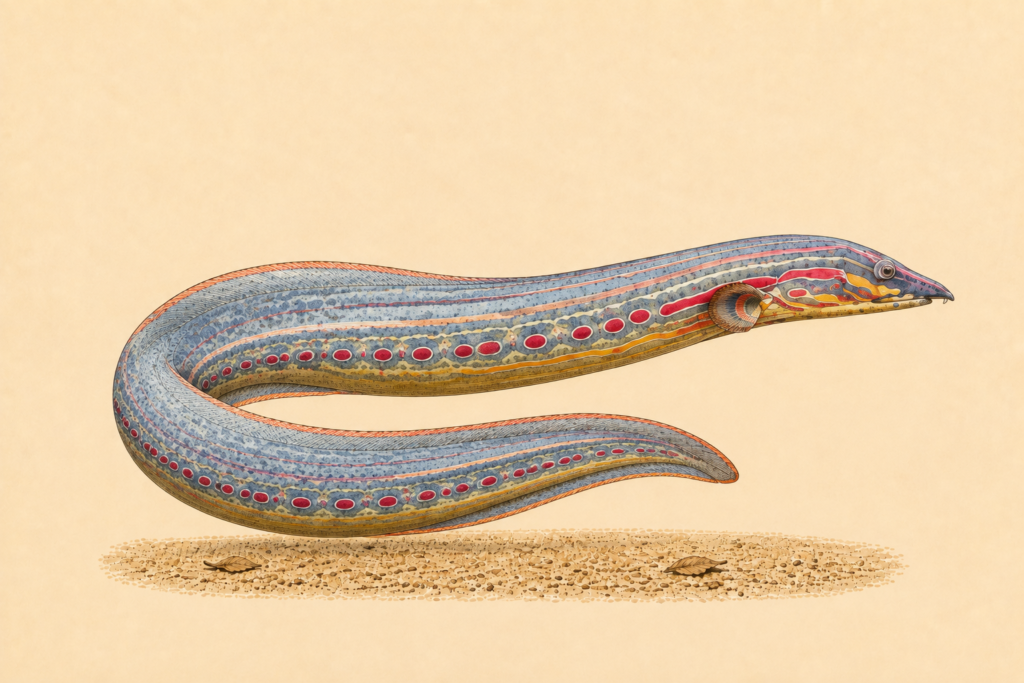 Natural-history-style illustration of the Fire Eel (Mastacembelus erythrotaenia).
