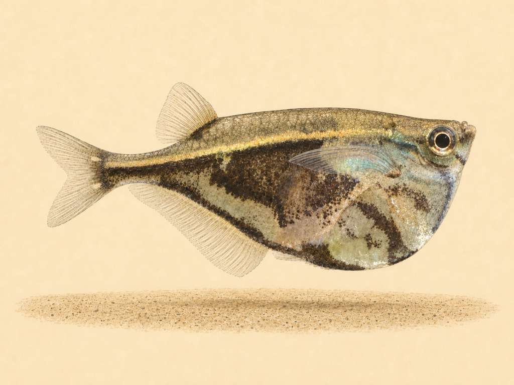 Natural-history-style illustration of the Marbled Hatchetfish (Carnegiella strigata).