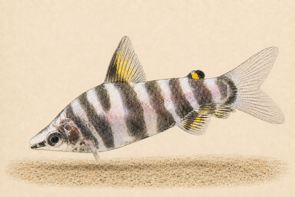Natural-history-style illustration of the Marbled Headstander (Abramites hypselonotus).